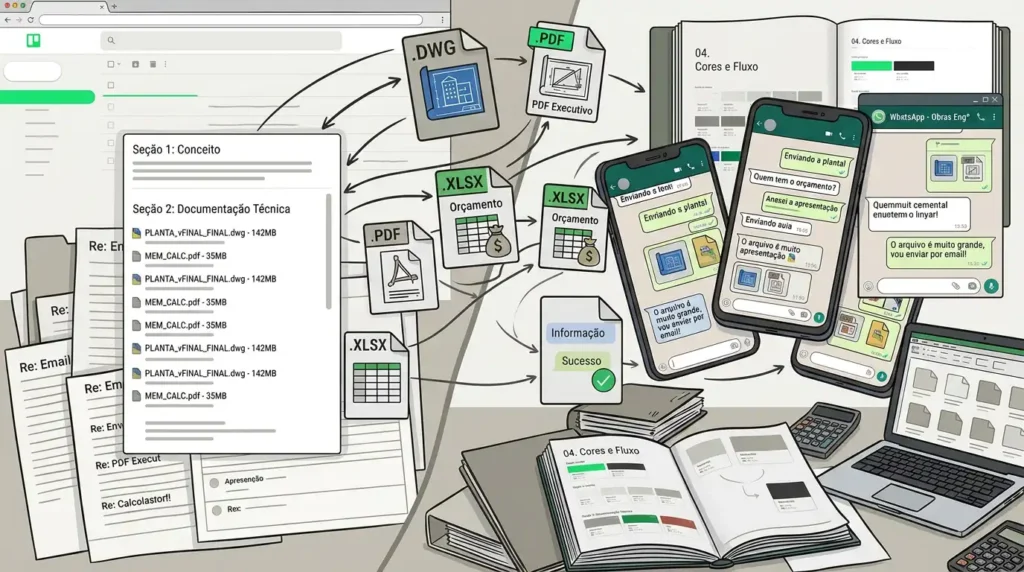 Toda a troca de arquivos técnicos pesados (plantas em DWG, PDFs executivos, orçamentos em XLSX, apresentações) acontecia espalhada entre e-mail, grupos de WhatsApp e planilhas manuais.