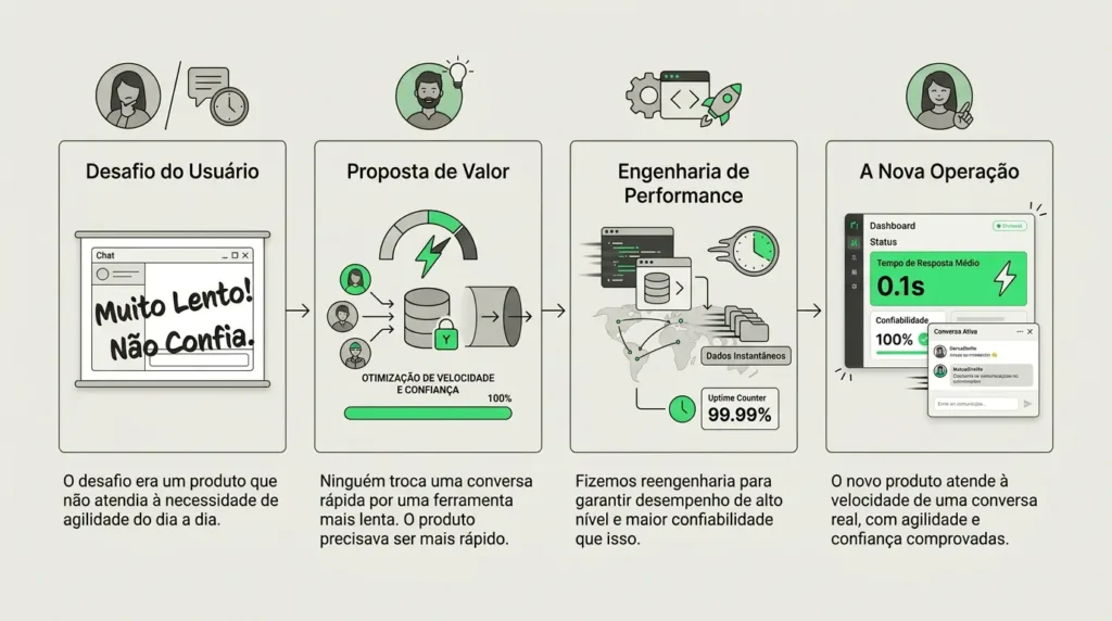 Ninguém troca uma conversa rápida por uma ferramenta mais lenta. O produto precisava ser mais rápido e mais confiável que isso.
